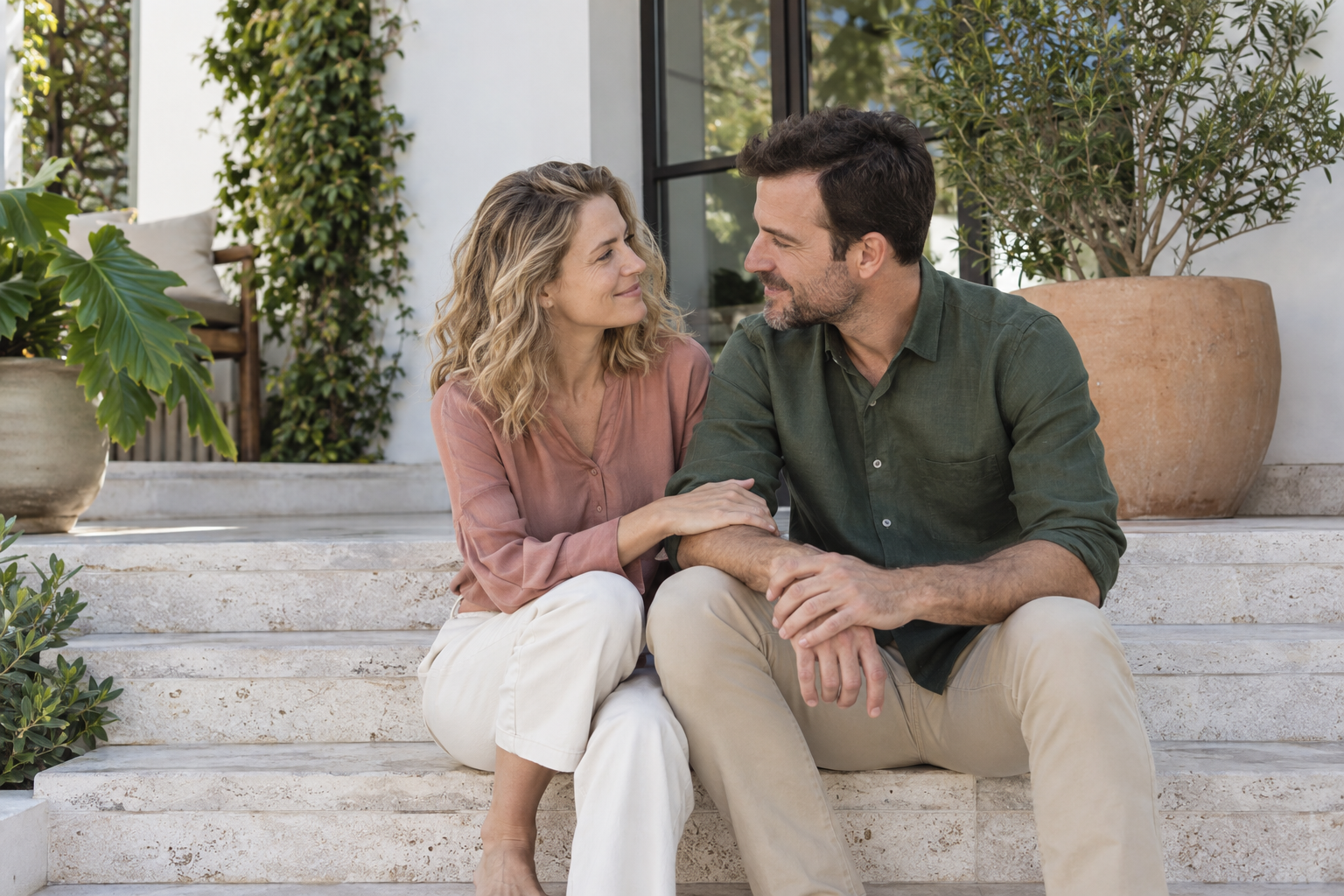 Casal reservando tempo para conversar no pátio de casa